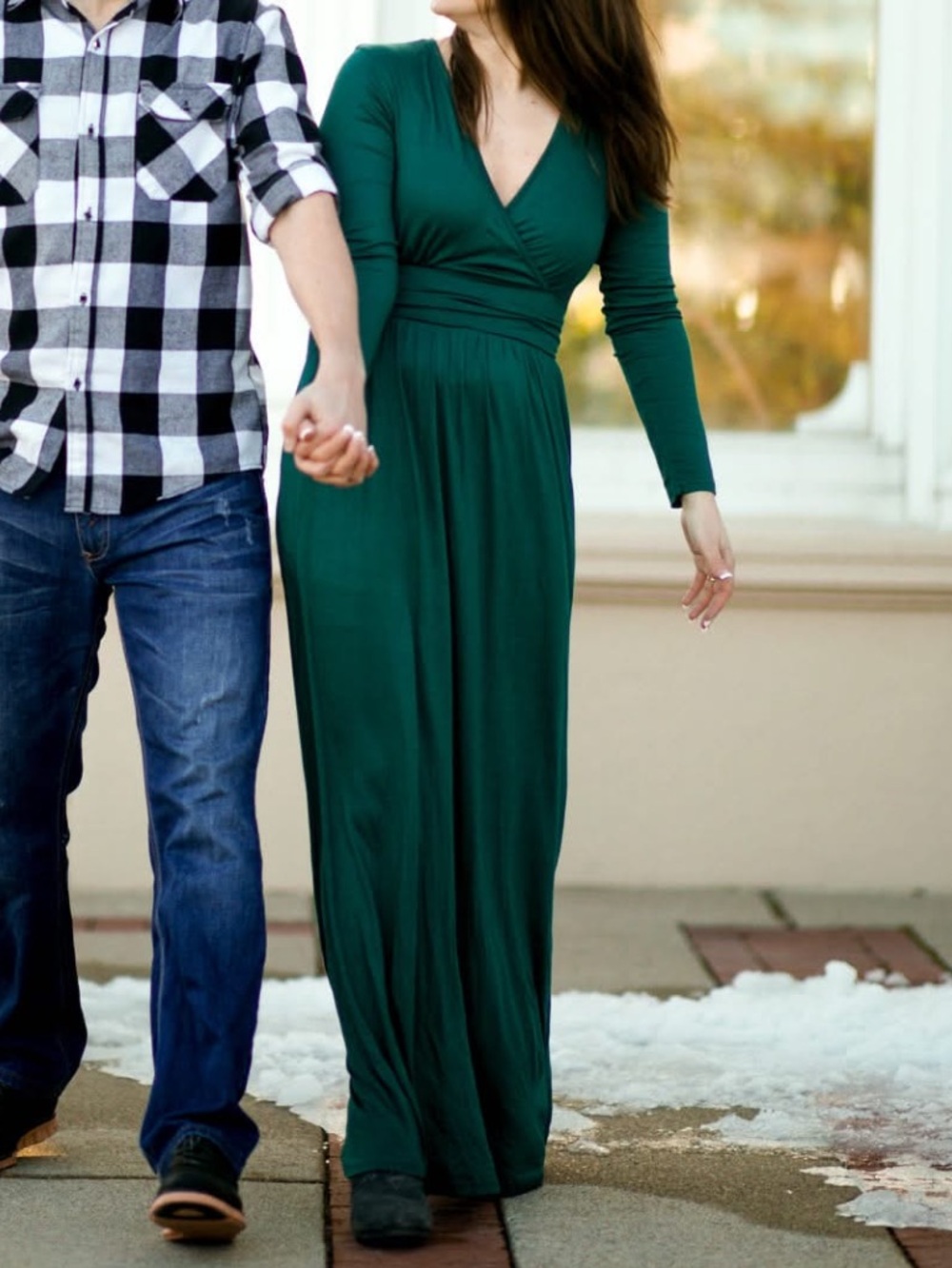 Ouges Long Sleeve V-Neck Pleated Maxi Dress Emerald Green Small S